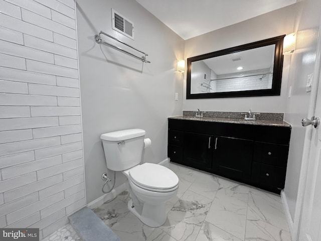 bathroom with vanity, a shower, and toilet