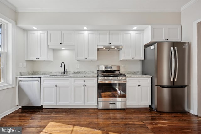 kitchen featuring crown molding, stainless steel appliances, sink, and white cabinets