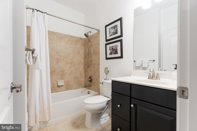 full bathroom with shower / tub combo with curtain, vanity, toilet, and tile patterned flooring