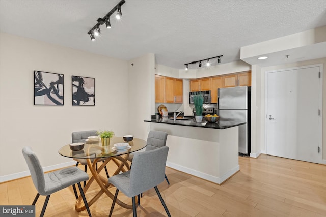 dining area with rail lighting, sink, a textured ceiling, and light hardwood / wood-style flooring