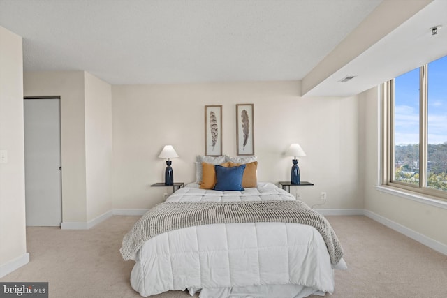 bedroom with light colored carpet