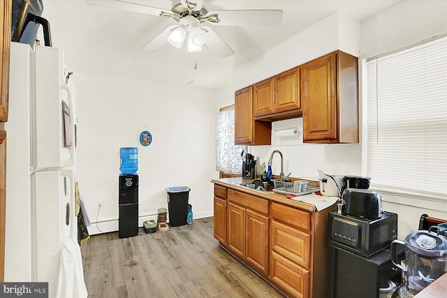 kitchen with white refrigerator, ceiling fan, light hardwood / wood-style floors, and sink