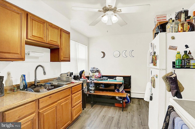 kitchen with white refrigerator, ceiling fan, sink, and light wood-type flooring