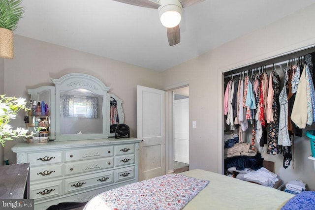 bedroom featuring ceiling fan and a closet