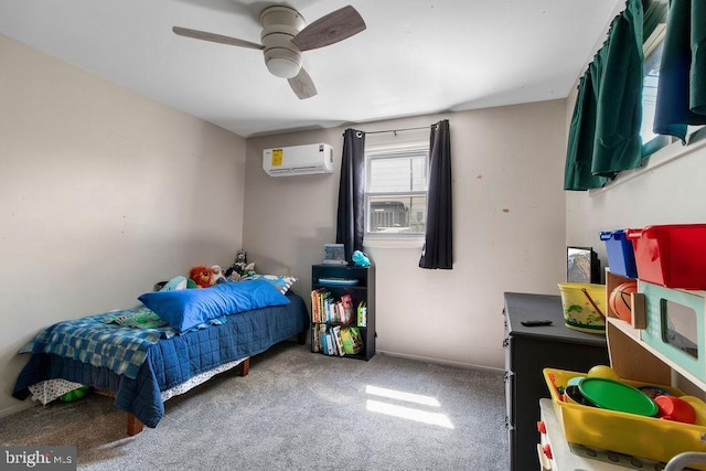 carpeted bedroom featuring a wall mounted AC, ceiling fan, and cooling unit