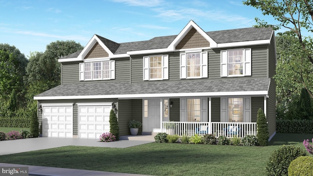view of front facade featuring covered porch, a garage, a shingled roof, concrete driveway, and a front yard