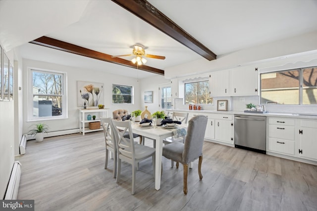 dining area featuring a baseboard heating unit, light hardwood / wood-style flooring, beamed ceiling, and ceiling fan