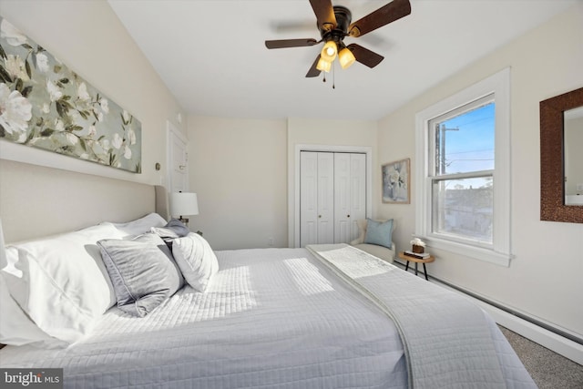 bedroom featuring ceiling fan and a closet