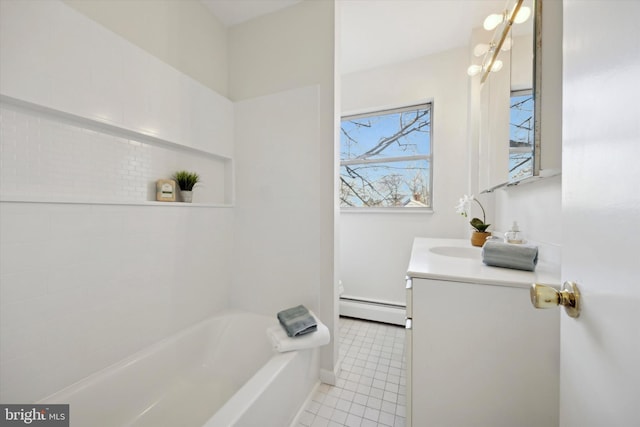 bathroom featuring vanity,  shower combination, tile patterned flooring, and a baseboard heating unit