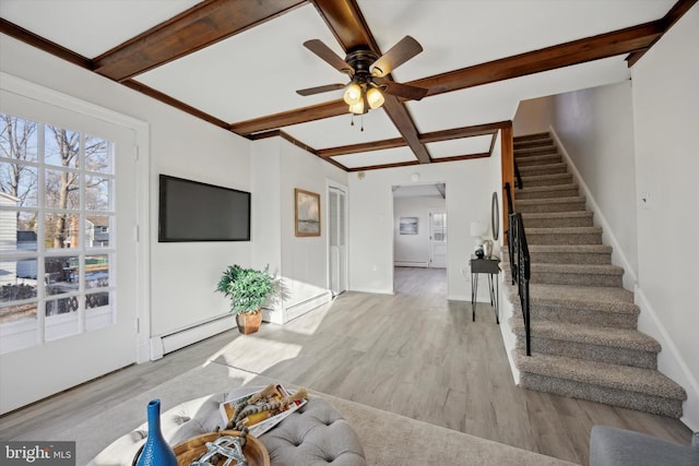 interior space featuring beam ceiling, a baseboard radiator, light hardwood / wood-style floors, and ceiling fan