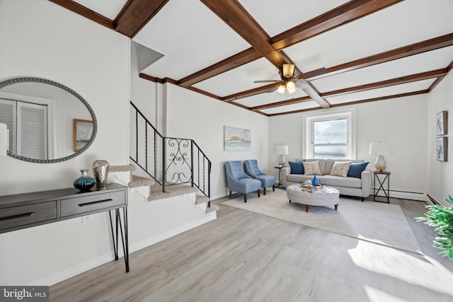 living room with beamed ceiling, coffered ceiling, ceiling fan, and light hardwood / wood-style flooring