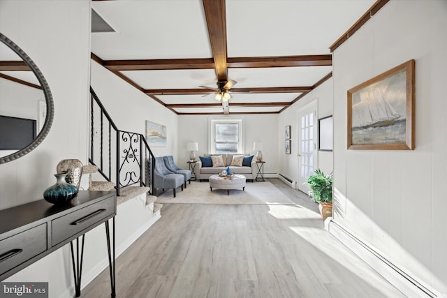 living room featuring beam ceiling, light hardwood / wood-style flooring, and ceiling fan