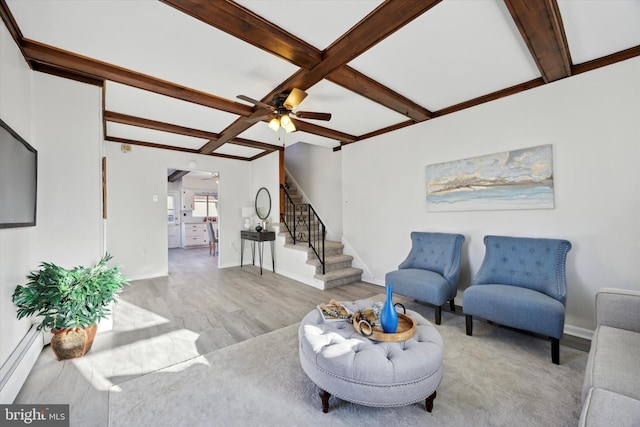 living room featuring beam ceiling, ceiling fan, light hardwood / wood-style floors, and baseboard heating