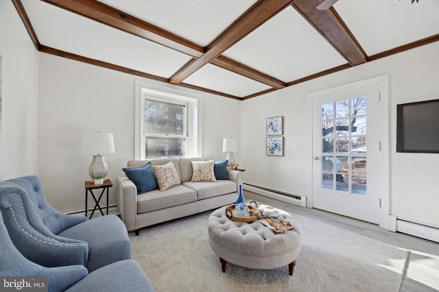 living room with beamed ceiling, coffered ceiling, a baseboard heating unit, and light hardwood / wood-style flooring