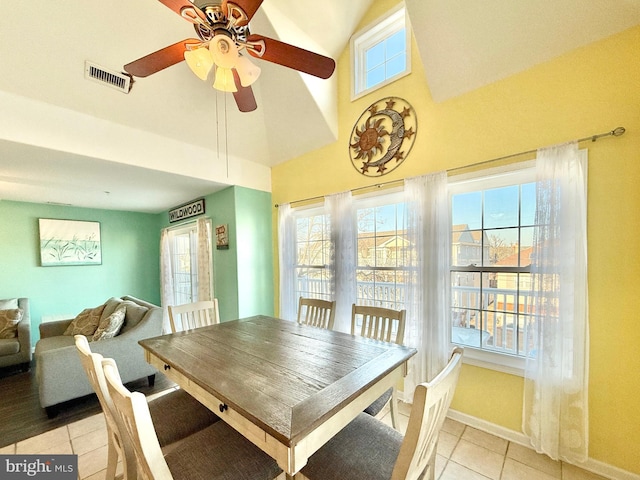 tiled dining room featuring ceiling fan and a healthy amount of sunlight