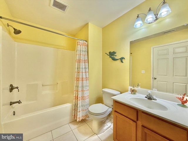 full bathroom with tile patterned flooring, vanity, shower / bathtub combination with curtain, and toilet