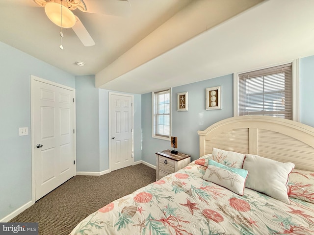 bedroom with ceiling fan and dark carpet