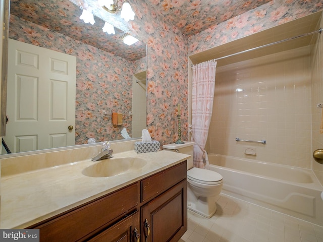 full bathroom with toilet, vanity, tile patterned floors, and shower / bath combo with shower curtain