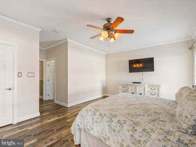 bedroom featuring ornamental molding, ceiling fan, and dark hardwood / wood-style flooring