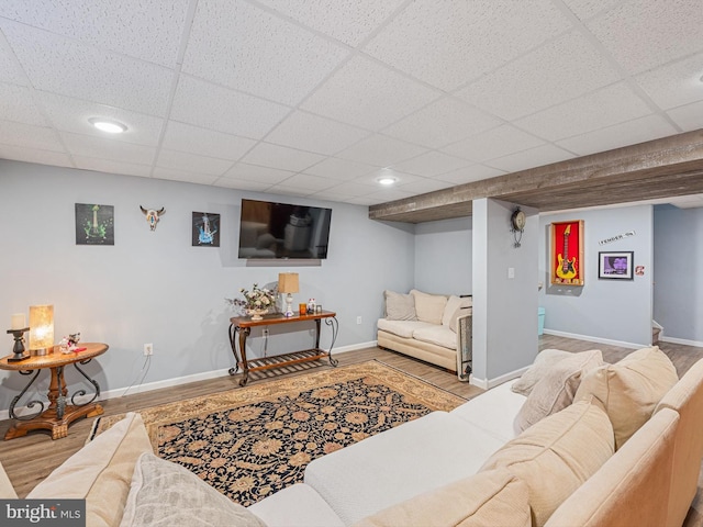 living room with a drop ceiling and light hardwood / wood-style floors