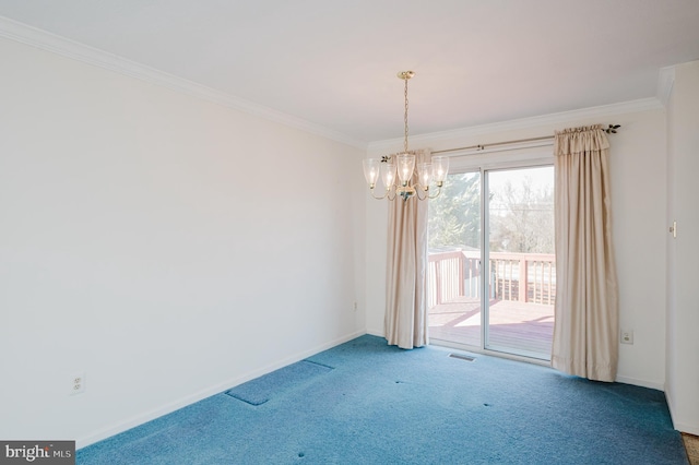 carpeted empty room with a notable chandelier, visible vents, baseboards, and ornamental molding