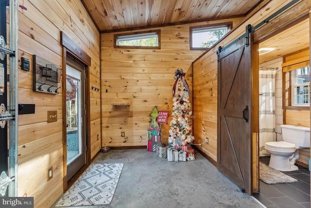 interior space featuring wood ceiling, plenty of natural light, a barn door, and wood walls