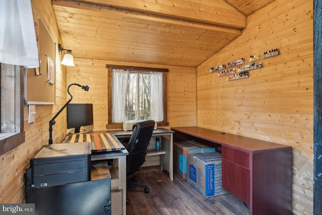 office space featuring dark hardwood / wood-style flooring, vaulted ceiling with beams, wood ceiling, and wooden walls