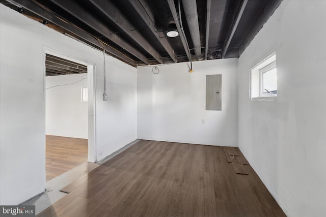 basement featuring hardwood / wood-style flooring and electric panel