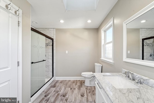 bathroom featuring vanity, toilet, a shower with door, and wood-type flooring