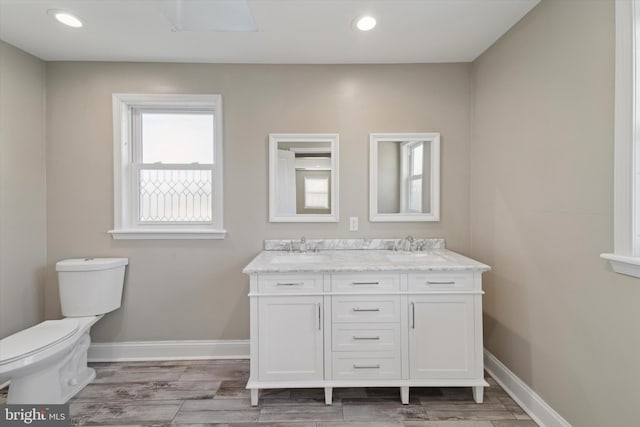 bathroom with vanity, hardwood / wood-style flooring, and toilet