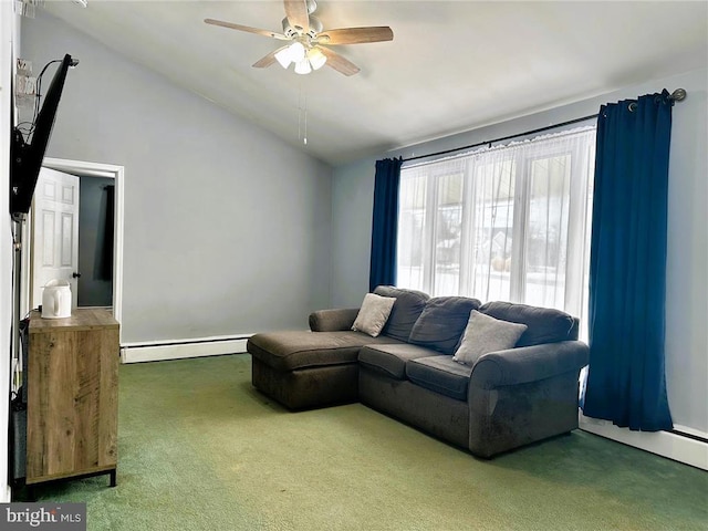 living room with ceiling fan, lofted ceiling, a baseboard heating unit, and dark carpet