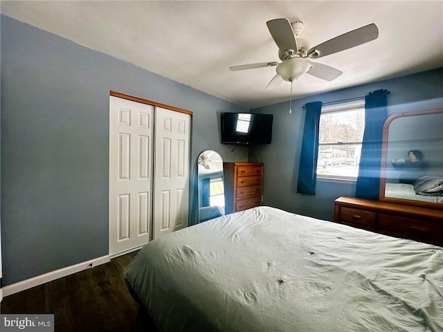 bedroom with ceiling fan, hardwood / wood-style floors, and a closet