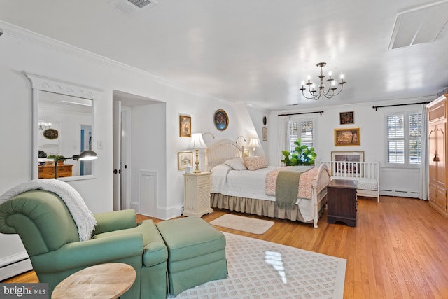 bedroom featuring baseboard heating, ornamental molding, a chandelier, and light hardwood / wood-style flooring