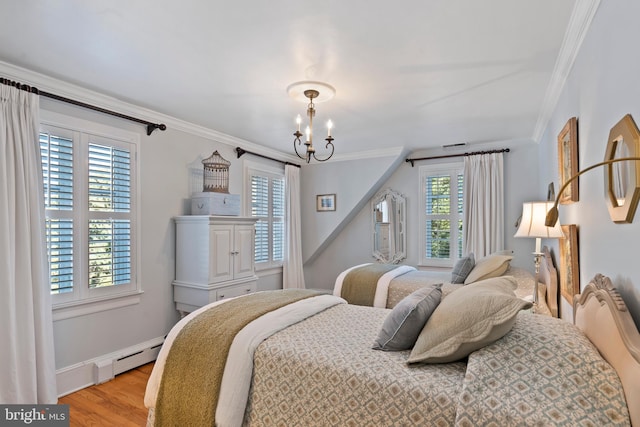 bedroom featuring an inviting chandelier, a baseboard radiator, ornamental molding, and light hardwood / wood-style floors