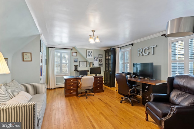 office featuring an inviting chandelier, ornamental molding, and light hardwood / wood-style floors