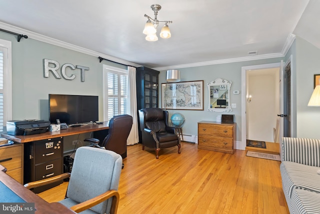 home office with ornamental molding, a chandelier, light wood-type flooring, and baseboard heating