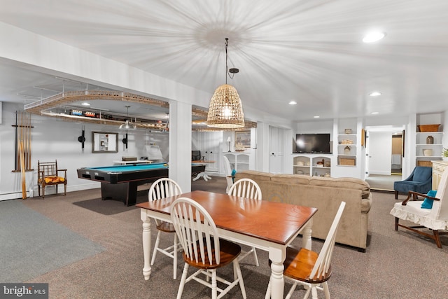 carpeted dining room with pool table, a baseboard radiator, and built in features