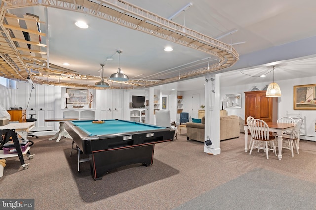 recreation room featuring pool table and carpet flooring