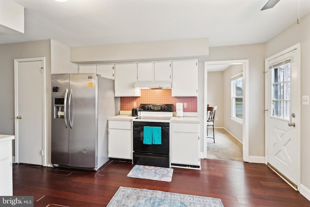 kitchen featuring dark wood-type flooring, white cabinetry, backsplash, range with electric stovetop, and stainless steel fridge with ice dispenser