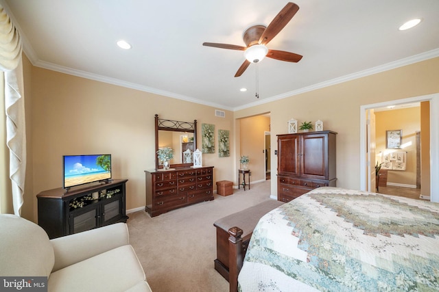 bedroom featuring ornamental molding, light carpet, and ceiling fan