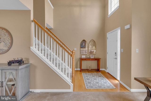 foyer entrance with a high ceiling and hardwood / wood-style floors