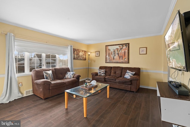 living room featuring crown molding and dark hardwood / wood-style flooring