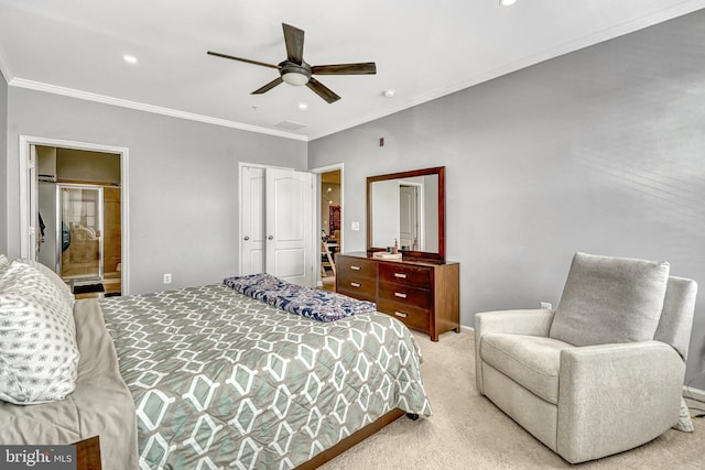 carpeted bedroom featuring crown molding, connected bathroom, and ceiling fan