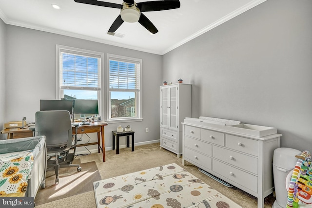 office space featuring light carpet, crown molding, and ceiling fan