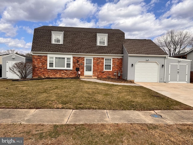 colonial inspired home featuring brick siding, a front lawn, concrete driveway, roof with shingles, and an attached garage