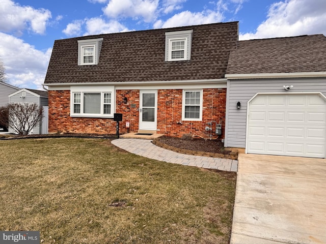 view of front of home featuring a front lawn, an attached garage, brick siding, and a shingled roof