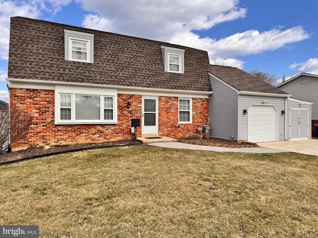 view of front of house with brick siding, a garage, a shingled roof, and a front lawn