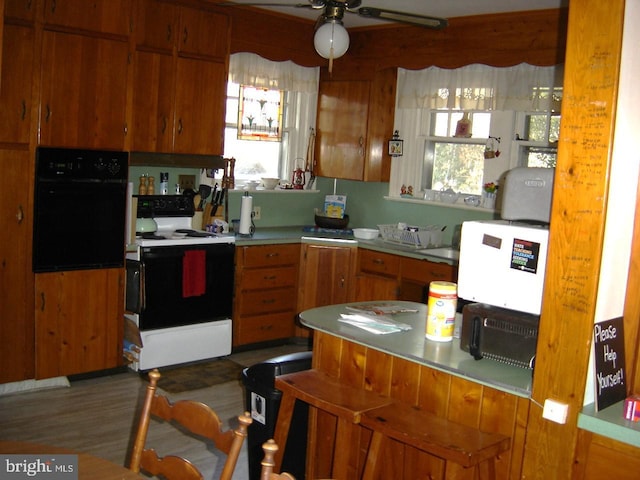 kitchen featuring ceiling fan, dark hardwood / wood-style flooring, oven, and range with electric stovetop