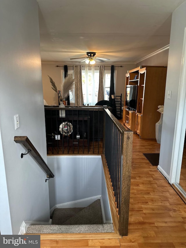 staircase with crown molding, wood-type flooring, and ceiling fan