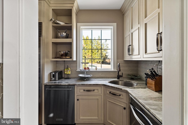 kitchen featuring dishwashing machine, sink, black dishwasher, decorative backsplash, and cream cabinetry